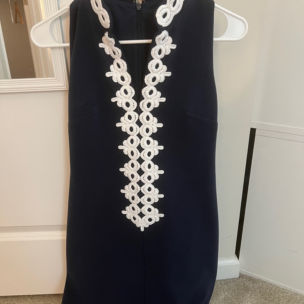 Elegant Navy Dress with White Embroidery